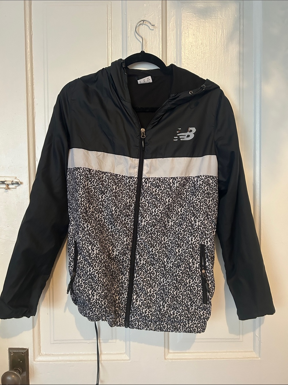 New Balance Black & White Leopard-Print Hooded Windbreaker